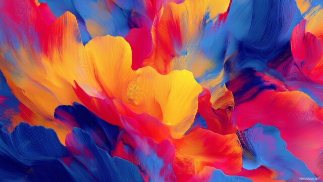 Color Wallpaper HD For Desktop Computer, A Vibrant Abstract Design In Bright Hues Mixing Reds, Blues, And Yellows For An Uplifting Workspace