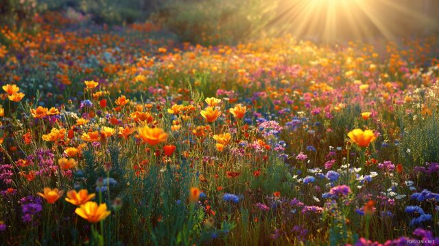 Color Wallpaper High Resolution, A Bright Sunlit Field Of Wildflowers, Radiating Warmth And Positivity For Your Computer Setup