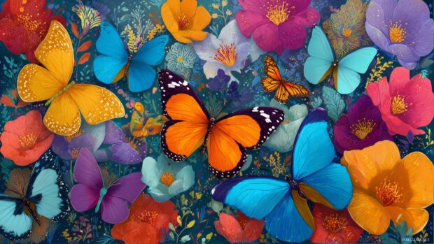 Colorful Butterfly Backgrounds, a dynamic arrangement of butterflies dancing through vibrant floral scenery that brings joy to any screen.
