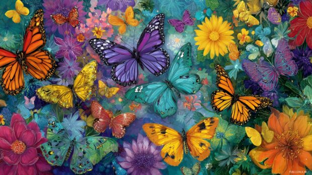Colorful Butterfly Wallpapers, a kaleidoscope of butterflies in various shades, surrounded by an enchanting floral landscape.