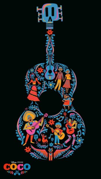 This Coco cartoon wallpaper features a vibrant guitar filled with animated characters and floral patterns, HD Phone Wallpaper
