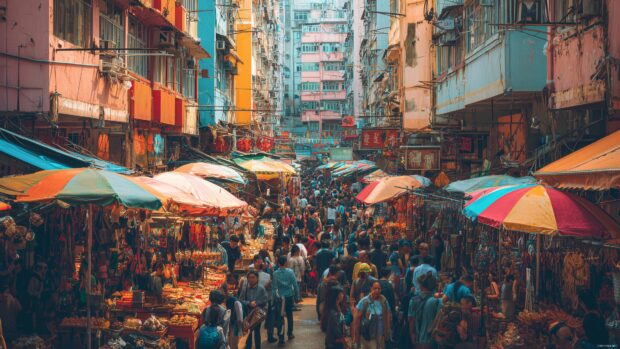 Colorful Desktop Backgrounds, a lively street market filled with colorful stalls and bustling crowds.