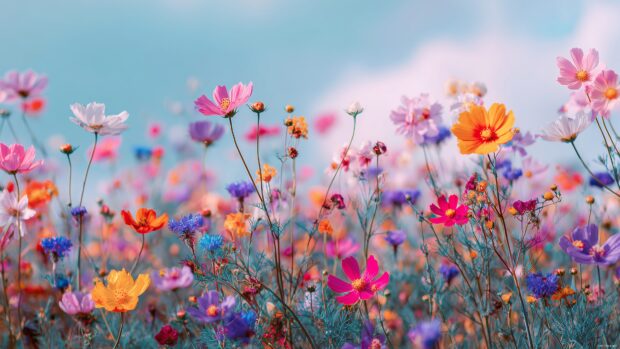 Colorful Desktop Backgrounds, a wildflower meadow bursting with different colors against a soft pastel sky.