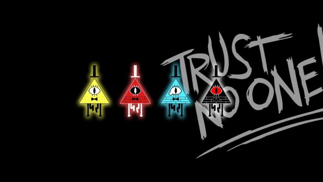 Colorful Human Bill Cipher Characters with Trust No One Text Dark Wallpaper