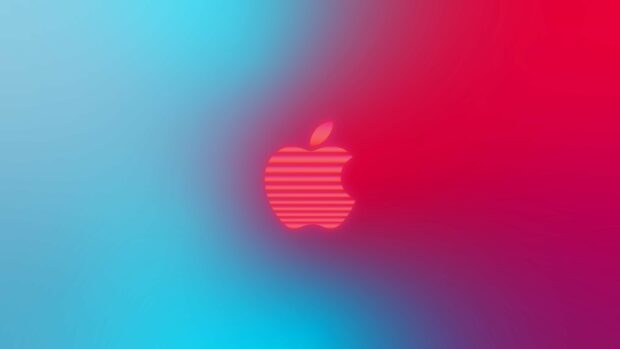 A vibrant Imac logo with horizontal stripes on a blue and red gradient background, 4K Desktop Wallpaper