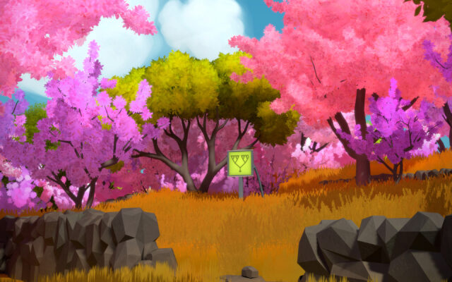 Colorful Puzzle Game Wallpaper Featuring Vibrant Trees and Mystery Symbol Sign