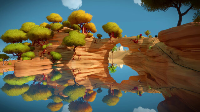 Colorful Scenic Puzzle Game Wallpaper with Desert Arch and Reflective Water Surface