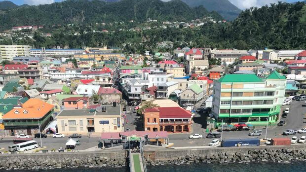 A vibrant view of the colorful buildings in Dominica town under clear skies, HD Desktop Wallpaper