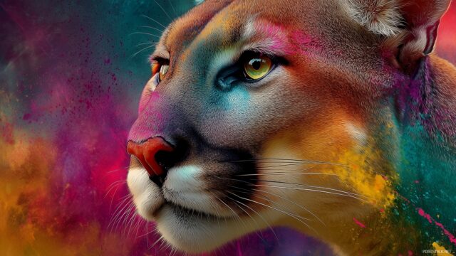 Colorful Cougar Wallpaper HD, An Artistic Interpretation Of A Cougar With Splashes Of Bright Colors Against An Abstract Background