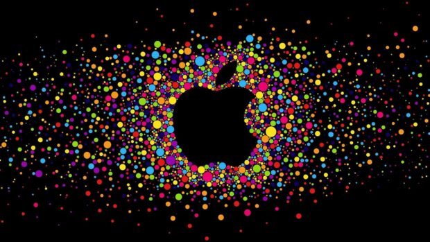 A black imac logo surrounded by multicolored dots on a black background, HD Desktop Wallpaper