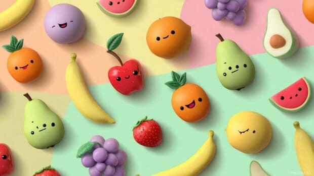 Colorful cute wallpapers, a rainbow of cartoon fruits with smiling faces on a pastel background.
