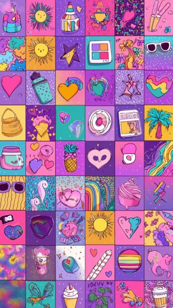 Colorful girly wallpaper, an explosion of fun patterns with vibrant colors and cute icons.
