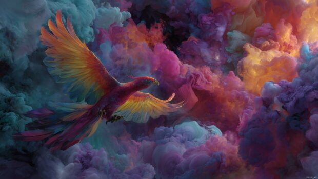 Colorful phoenix bird wallpapers, a rich tapestry of colors depicting a phoenix among ethereal clouds, infused with magical realism in high detail.