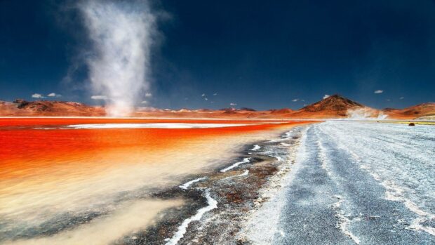 The Bolivia landscape features vibrant salt flats and distant mountains under a deep blue sky, HD Desktop Wallpaper