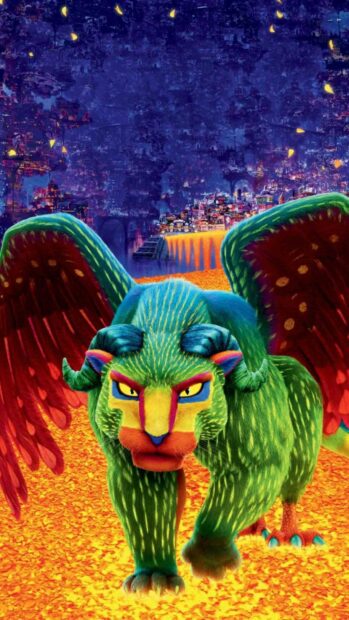 A vibrant spirit beast walks on glowing petals in Coco cartoon, HD Phone Wallpaper