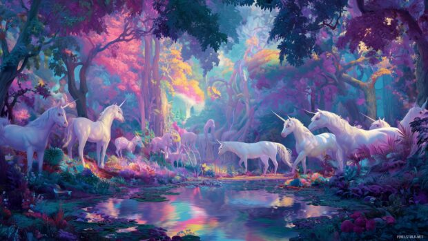 Colorful unicorn desktop wallpapers, An enchanting with multiple unicorns frolicking in a magical forest scene.