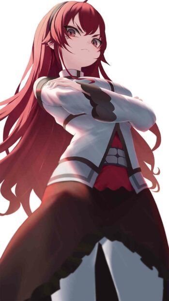 A confident female character from Mushoku Tensei stands with arms crossed and a determined expression