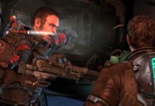 A tense confrontation occurs between two armed characters in a sci fi setting from Dead Space, 4K Desktop Wallpaper