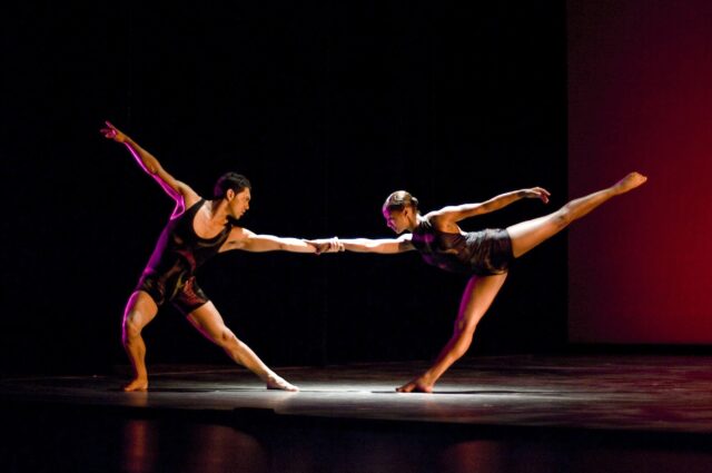 Contemporary Dance Wallpapers with Elegant Duo Performance on Stage in Dynamic Pose