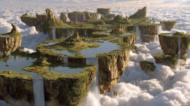 Cool 3D Wallpaper Fantasy, A Surreal World Where Nature And Technology Merge, Featuring Floating Islands And Waterfalls