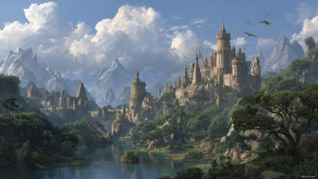 Cool 3D Wallpaper For Gaming, An Epic Fantasy Realm With Towering Castles And Mythical Creatures Rendered In Rich Detail