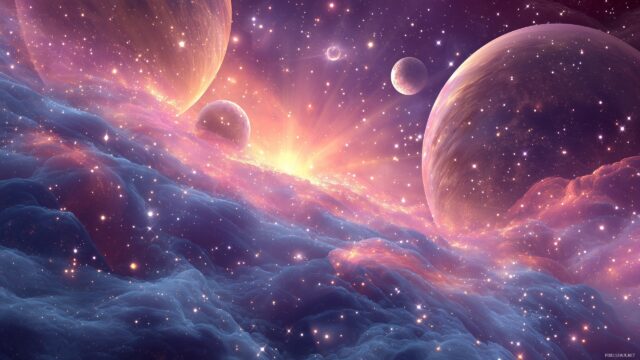 Cool 3D Wallpaper High Resolution, A Dynamic Rendering Of A Cosmic Scene With Planets And Stars In Radiant Hues
