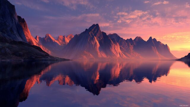 Cool Desktop HD Wallpaper Free Download, An Epic Mountain Range Reflecting In A Still Lake During Twilight