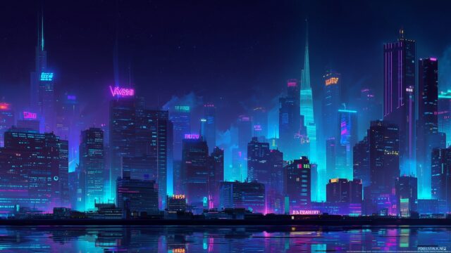 Cool Desktop Wallpaper Ultra HD, A Futuristic City Skyline Illuminated At Night With Neon Lights, Ideal For A High Tech PC Environment