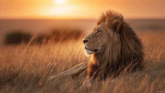 Cool Full HD Desktop Wallpaper, A Majestic Lion Resting In The Golden Savanna Grass During Sunset