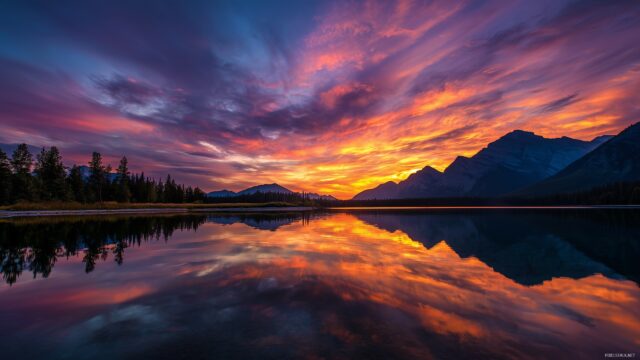 Cool HD Desktop Wallpaper, A Vibrant Sunset Over A Tranquil Lake With Mountains In The Background