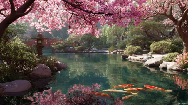 Cool HD Wallpaper, A Peaceful Japanese Garden With Cherry Blossoms And A Koi Pond