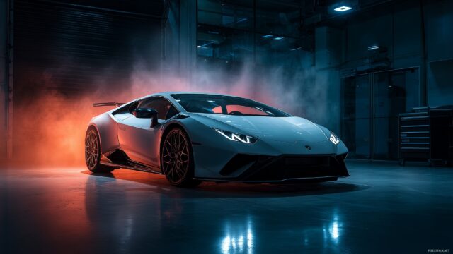 Cool Lamborghini HD Wallpaper For Desktop Computer, A Powerful Cool Lamborghini Showcased In A High Tech Garage With Dramatic Lighting