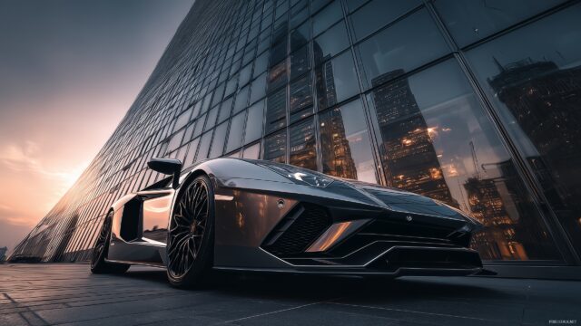 Cool Lamborghini Wallpaper HD For Desktop, A Luxurious Cool Lamborghini Reflected In The Glass Of A Skyscraper