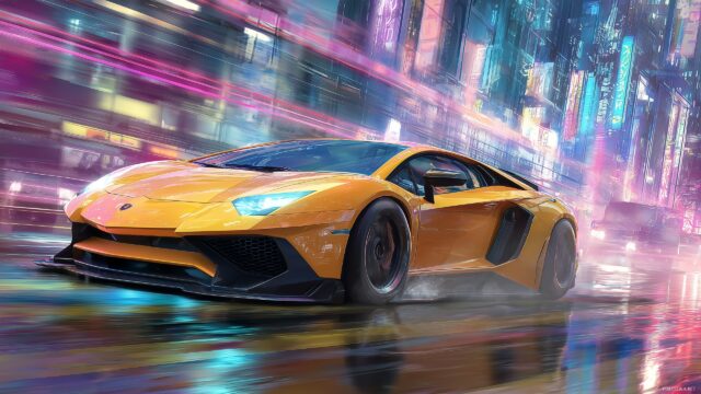 Cool Lamborghini Wallpaper For Desktop Computer, A Cool Lamborghini Speeding Through A Vibrant Cityscape During The Day