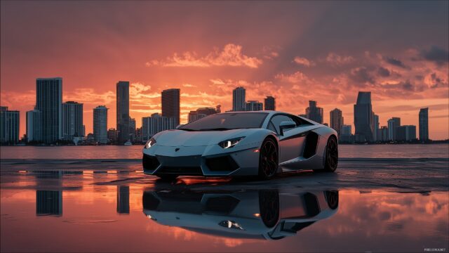 Cool Lamborghini Wallpaper High Definition, An Impressive Cool Lamborghini Parked In Front Of A Modern Skyline At Sunset