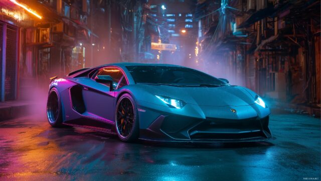 Cool Lamborghini Wallpaper High Resolution, An Eye Catching Cool Lamborghini Illuminated By Neon Lights At Night