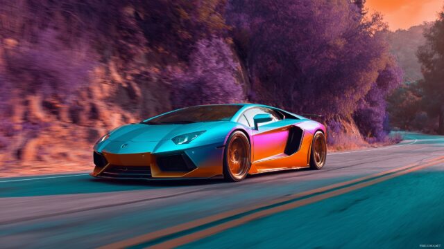 Cool Lamborghini High Resolution Desktop Wallpaper, A Sleek And Luxurious Cool Lamborghini Racing On A Scenic Road In Vibrant Colors