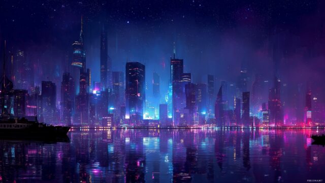 Cool Ultra HD Desktop Wallpaper, A Futuristic City Skyline At Night, Illuminated By Neon Lights