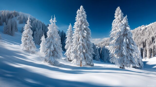 Cool Wallpaper HD For Desktop, A Charming Winter Landscape With Snow Covered Trees Under A Clear Blue Sky