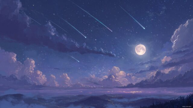 Cool Wallpaper For Desktop, An Enchanting Night Sky Filled With Shooting Stars And A Large Moon
