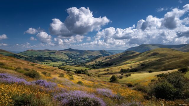 Cool Wide Screen Desktop Wallpaper, A Picturesque View Of Rolling Hills And Wildflowers Under A Blue Sky