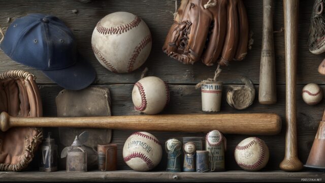 Cool Baseball Computer Wallpaper HD Backgrounds, A Collage Of Iconic Baseball Memorabilia Set Against A Classic Wooden Backdrop