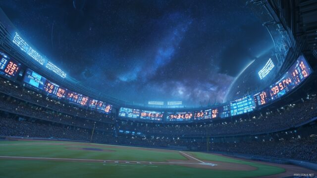 Cool Baseball Computer Wallpaper HD For Desktop, A Futuristic Baseball Stadium Under The Stars With A Digital Scoreboard Displaying Exciting Scores