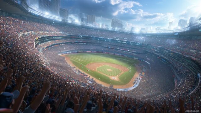Cool Baseball Computer Wallpaper HD For Gamers, A Vibrant Digital Artwork Showcasing A Baseball Stadium Flooded With Fans Cheering In A 3D Perspective