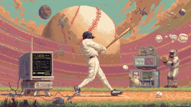 Cool Baseball Computer Wallpaper HD For Gamers, A Pixel Art Inspired Baseball Scene Showcasing A Player Hitting A Ball Surrounded By Retro Game Elements