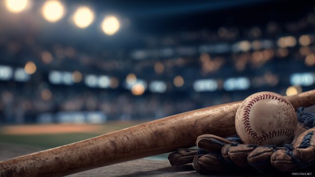 Cool Baseball Computer Wallpaper HD For Sports Fans, A Close Up Of A Baseball Bat And Glove With Blurred Stadium Lights In The Background