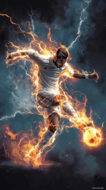 Cool soccer wallpapers, A dynamic artwork of a famous soccer player kicking a flaming soccer ball at lightning speed.