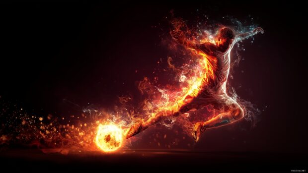 Cool soccer wallpapers, A dynamic representation of a famous soccer player executing a powerful shot, vividly illustrated with flames and speed effects.