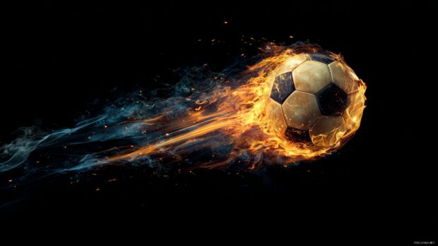 Cool soccer wallpapers, A stylized artwork of a soccer ball blazing through the air, trails of fire and motion lines enhancing the impact.
