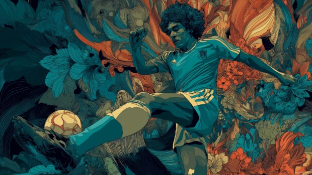 Cool soccer wallpapers HD, An intricate illustration of a famous player surrounded by swirling patterns and colors, showcasing their unique playstyle.